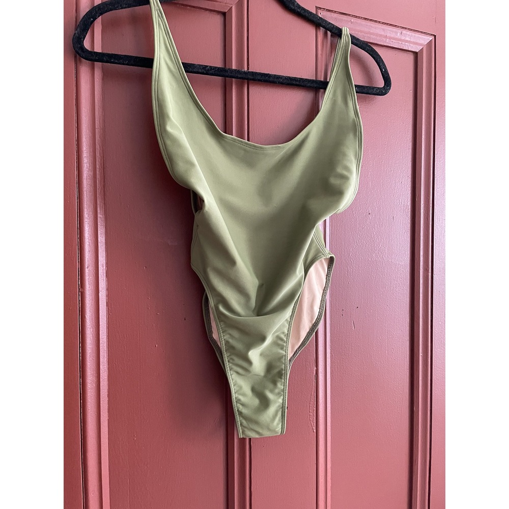 American Apparel Olive Green High Cut One Piece Swimsuit XS Scoop Back Bodysuit - Picture 4 of 6